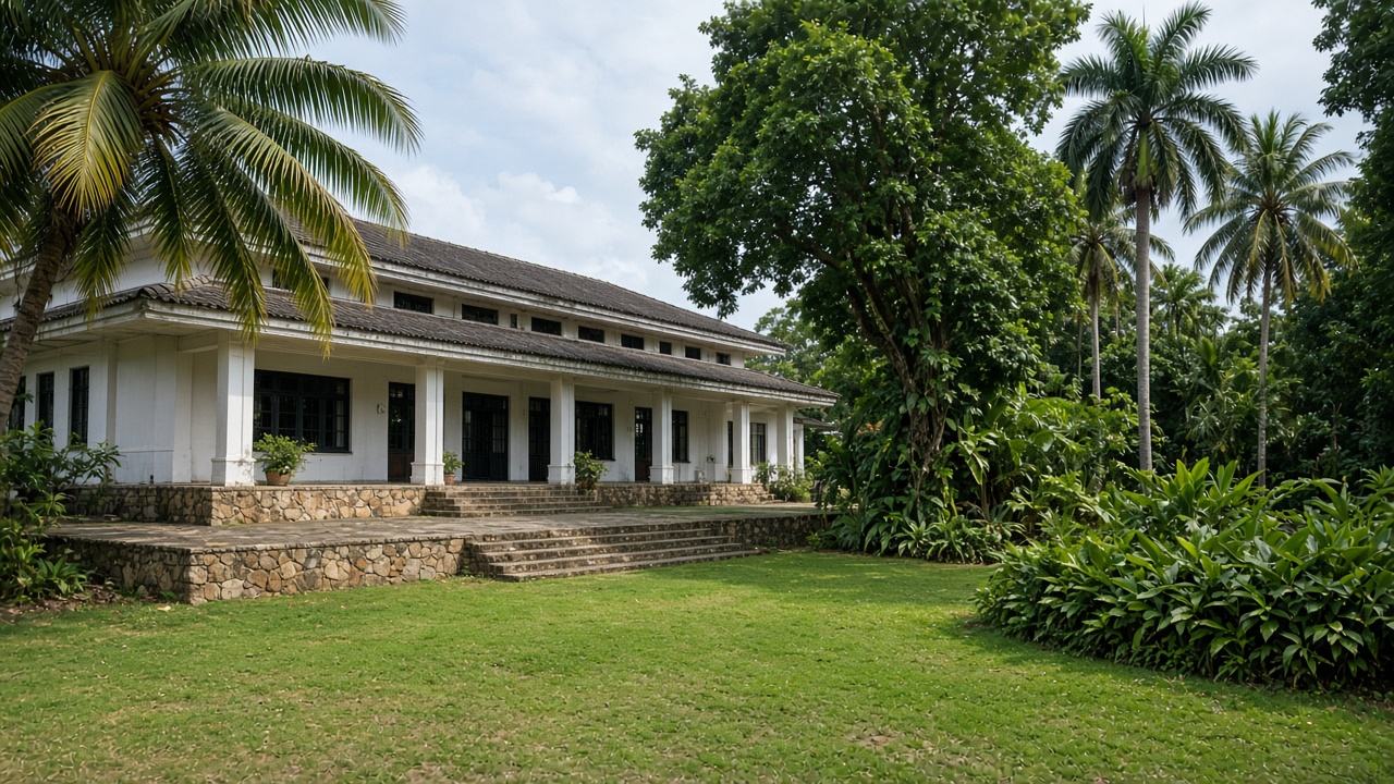 A low school building with a tiled roof among palms and broad tropical leaves.