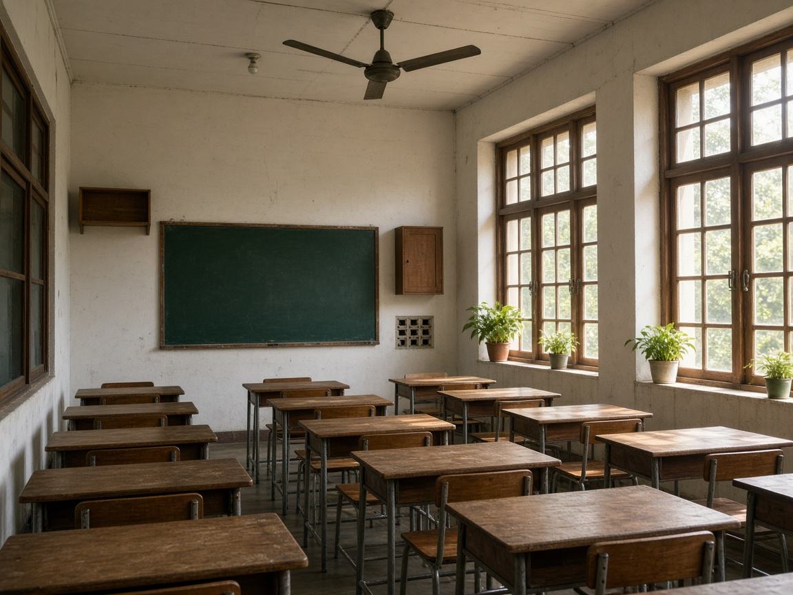 Sunlight across empty wooden desks in a classroom.
