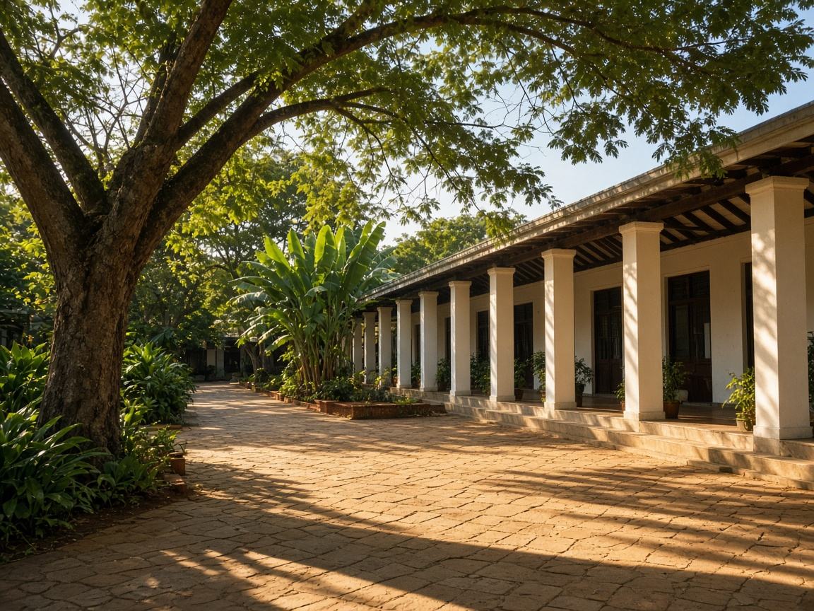 A paved walk between low school buildings and tropical trees.