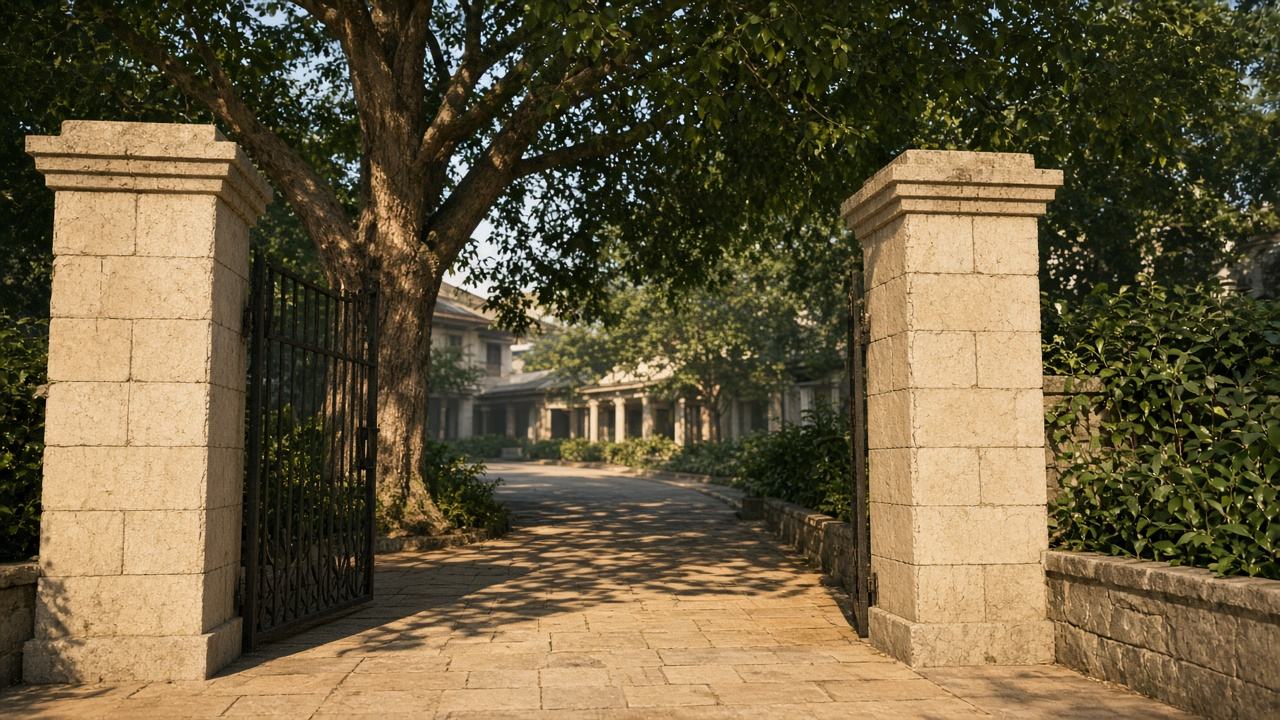 A stone school gate opening onto a path lined with tropical trees.
